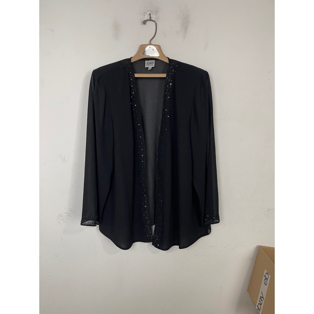R&M Richards Black Sheer Sequin Beaded Open Front‎ Cardigan Jacket 16W 36504